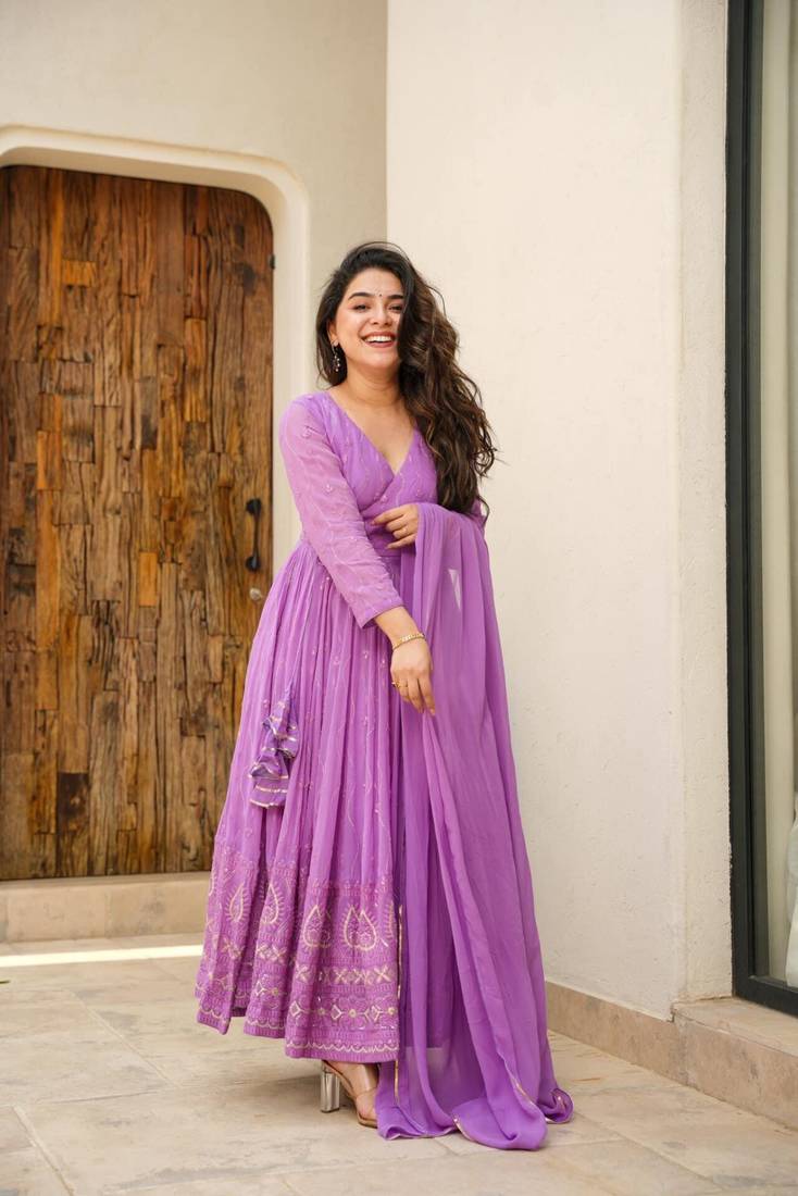 PURPLE COLORE GEORJEET PARTY WEAR SUIT SET