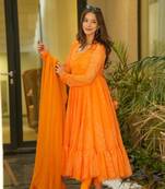 ORANGE SILK PRINETD PARTY WEAR SALWAR SUITS 