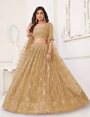 BEIGE GREEN NET FABRIC LAHENGA WITH SEQUINS AND THREAD EMBROIDERY WORK 1
