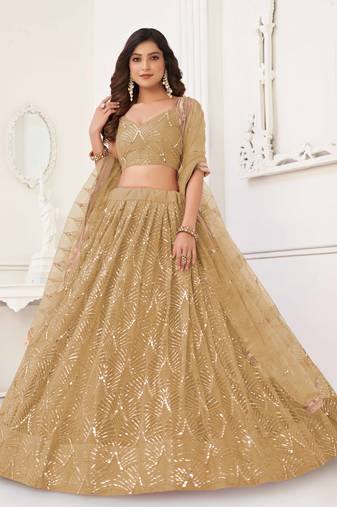 BEIGE GREEN COLOR NET FABRIC LAHENGA WITH SEQUINS AND THREAD EMBROIDERY WORK