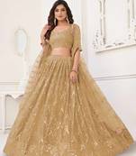 BEIGE GREEN NET FABRIC LAHENGA WITH SEQUINS AND THREAD EMBROIDERY WORK