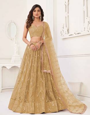 BEIGE GREEN NET FABRIC LAHENGA WITH SEQUINS AND THREAD EMBROIDERY WORK 2