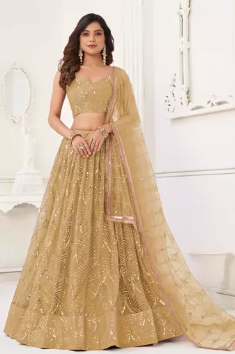 BEIGE GREEN NET FABRIC LAHENGA WITH SEQUINS AND THREAD EMBROIDERY WORK