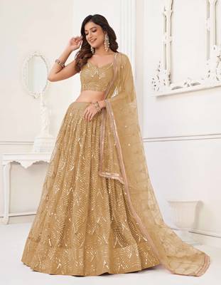 BEIGE GREEN NET FABRIC LAHENGA WITH SEQUINS AND THREAD EMBROIDERY WORK 3