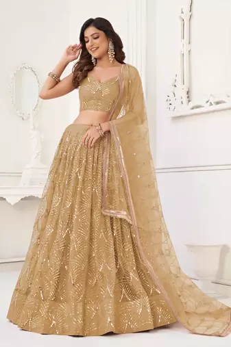 BEIGE GREEN NET FABRIC LAHENGA WITH SEQUINS AND THREAD EMBROIDERY WORK