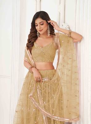 BEIGE GREEN NET FABRIC LAHENGA WITH SEQUINS AND THREAD EMBROIDERY WORK 4