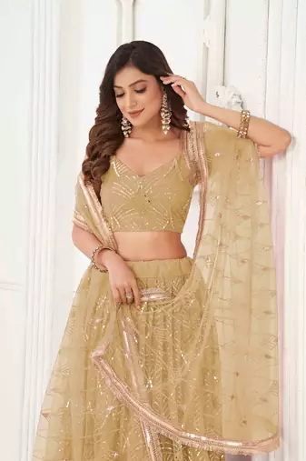 BEIGE GREEN NET FABRIC LAHENGA WITH SEQUINS AND THREAD EMBROIDERY WORK