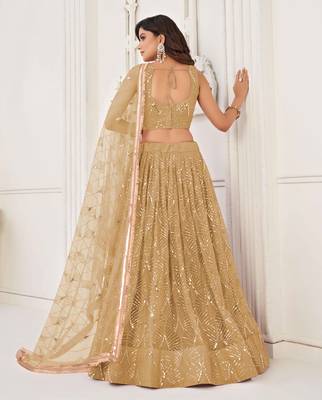 BEIGE GREEN NET FABRIC LAHENGA WITH SEQUINS AND THREAD EMBROIDERY WORK 5