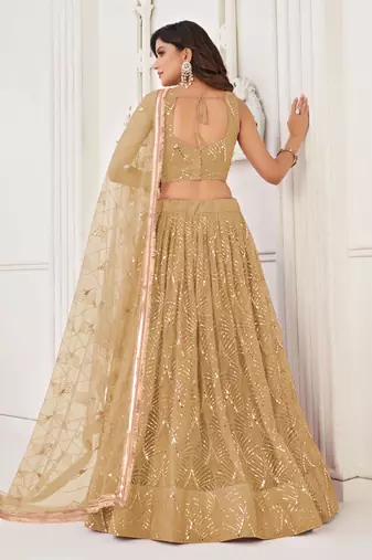 BEIGE GREEN NET FABRIC LAHENGA WITH SEQUINS AND THREAD EMBROIDERY WORK