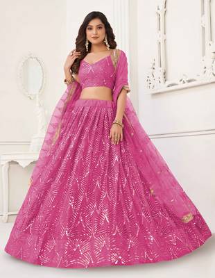 PINK NET FABRIC LAHENGA WITH SEQUINS AND THREAD EMBROIDERY WORK 1