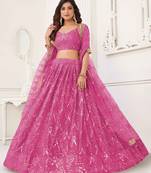 PINK NET FABRIC LAHENGA WITH SEQUINS AND THREAD EMBROIDERY WORK