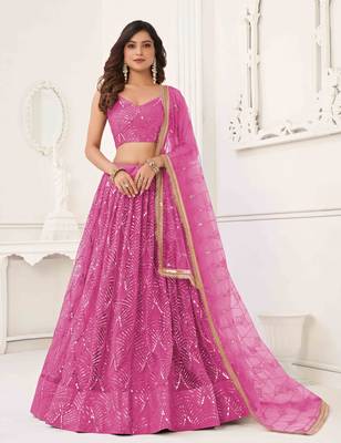 PINK NET FABRIC LAHENGA WITH SEQUINS AND THREAD EMBROIDERY WORK 2