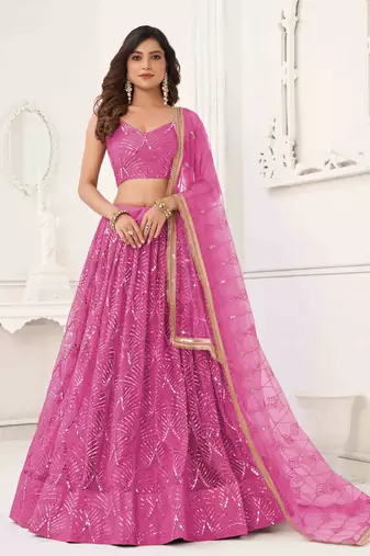 PINK NET FABRIC LAHENGA WITH SEQUINS AND THREAD EMBROIDERY WORK