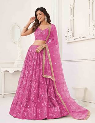 PINK NET FABRIC LAHENGA WITH SEQUINS AND THREAD EMBROIDERY WORK 3