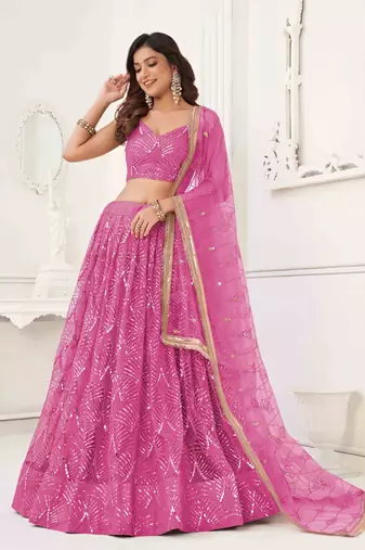 PINK NET FABRIC LAHENGA WITH SEQUINS AND THREAD EMBROIDERY WORK