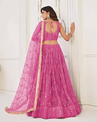 PINK NET FABRIC LAHENGA WITH SEQUINS AND THREAD EMBROIDERY WORK 4