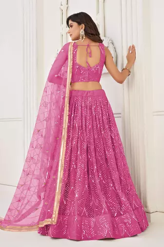 PINK NET FABRIC LAHENGA WITH SEQUINS AND THREAD EMBROIDERY WORK