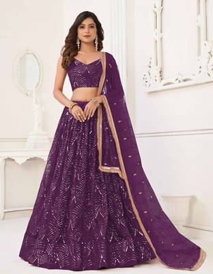 WINE NET FABRIC LAHENGA WITH SEQUINS AND THREAD EMBROIDERY WORK 1