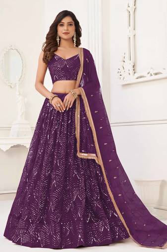 WINE COLOR NET FABRIC LAHENGA WITH SEQUINS AND THREAD EMBROIDERY WORK