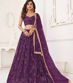 WINE NET FABRIC LAHENGA WITH SEQUINS AND THREAD EMBROIDERY WORK