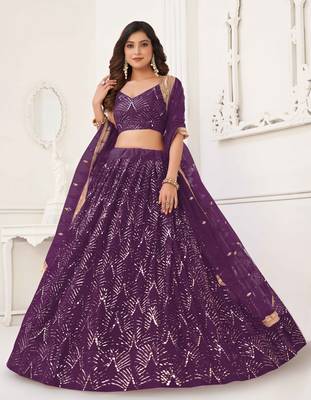 WINE NET FABRIC LAHENGA WITH SEQUINS AND THREAD EMBROIDERY WORK 2