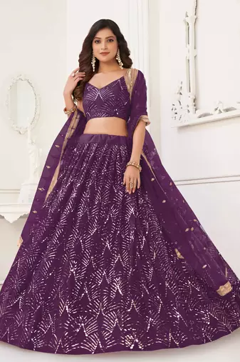 WINE NET FABRIC LAHENGA WITH SEQUINS AND THREAD EMBROIDERY WORK