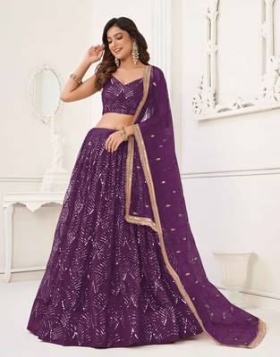 WINE NET FABRIC LAHENGA WITH SEQUINS AND THREAD EMBROIDERY WORK 3