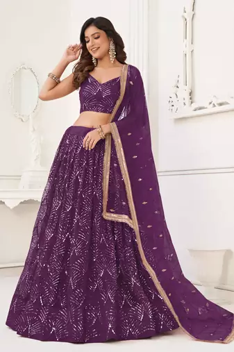 WINE NET FABRIC LAHENGA WITH SEQUINS AND THREAD EMBROIDERY WORK