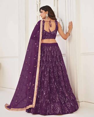 WINE NET FABRIC LAHENGA WITH SEQUINS AND THREAD EMBROIDERY WORK 4