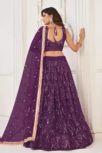 WINE NET FABRIC LAHENGA WITH SEQUINS AND THREAD EMBROIDERY WORK