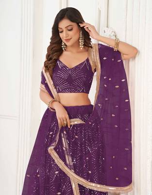 WINE NET FABRIC LAHENGA WITH SEQUINS AND THREAD EMBROIDERY WORK 5