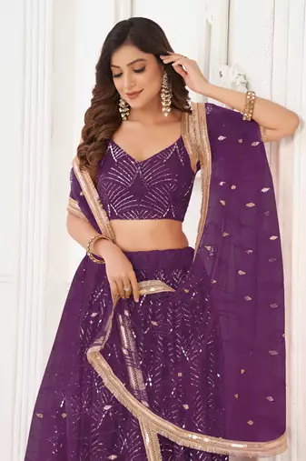 WINE NET FABRIC LAHENGA WITH SEQUINS AND THREAD EMBROIDERY WORK