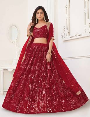 RED NET FABRIC LAHENGA WITH SEQUINS AND THREAD EMBROIDERY WORK 1
