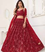 RED NET FABRIC LAHENGA WITH SEQUINS AND THREAD EMBROIDERY WORK