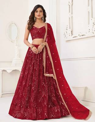 RED NET FABRIC LAHENGA WITH SEQUINS AND THREAD EMBROIDERY WORK 2