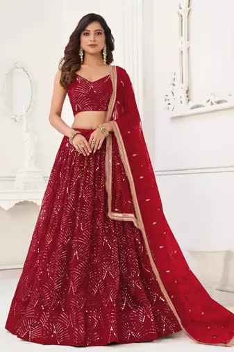 RED NET FABRIC LAHENGA WITH SEQUINS AND THREAD EMBROIDERY WORK