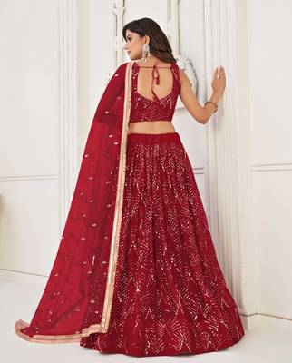 RED NET FABRIC LAHENGA WITH SEQUINS AND THREAD EMBROIDERY WORK 3