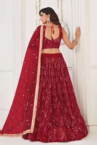 RED NET FABRIC LAHENGA WITH SEQUINS AND THREAD EMBROIDERY WORK