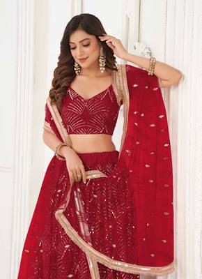 RED NET FABRIC LAHENGA WITH SEQUINS AND THREAD EMBROIDERY WORK 4