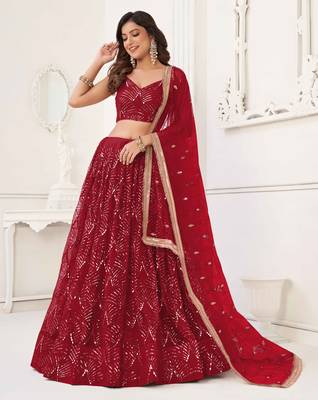 RED NET FABRIC LAHENGA WITH SEQUINS AND THREAD EMBROIDERY WORK 5