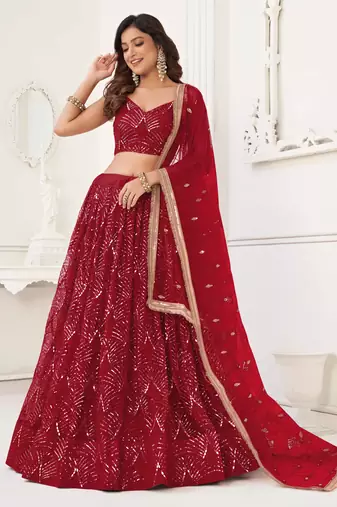 RED NET FABRIC LAHENGA WITH SEQUINS AND THREAD EMBROIDERY WORK