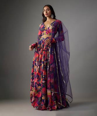 Electric Blue Georgette Digital Printed Skirt Set 1