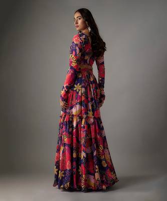 Electric Blue Georgette Digital Printed Skirt Set 2