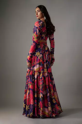 Electric Blue Georgette Digital Printed Skirt Set