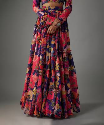 Electric Blue Georgette Digital Printed Skirt Set 3