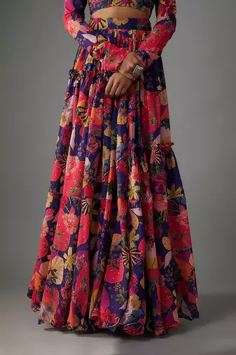 Electric Blue Georgette Digital Printed Skirt Set