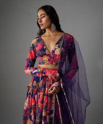 Electric Blue Georgette Digital Printed Skirt Set 4