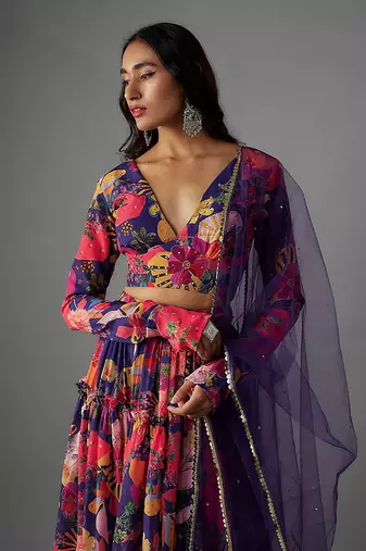 Electric Blue Georgette Digital Printed Skirt Set