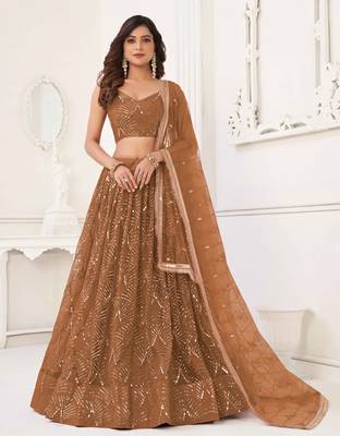 BROWN NET FABRIC LAHENGA WITH SEQUINS AND THREAD EMBROIDERY WORK 1