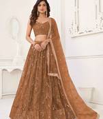 BROWN NET FABRIC LAHENGA WITH SEQUINS AND THREAD EMBROIDERY WORK